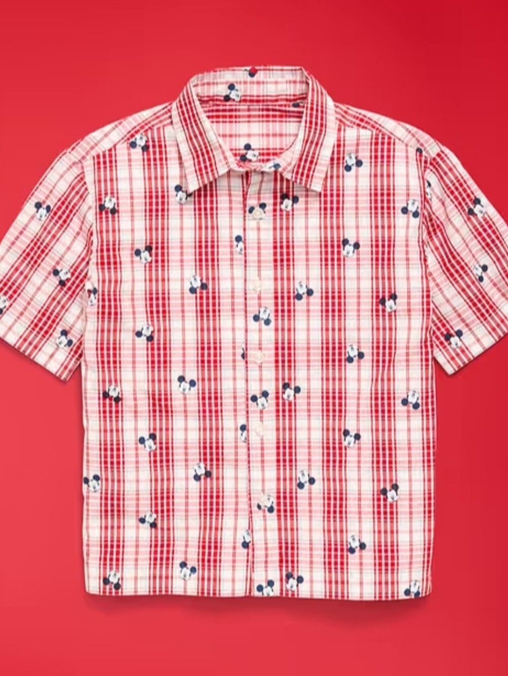 Old Navy X Disney Red Plaid Mickey Mouse Short-Sleeve Shirt- Boys Size 10-12